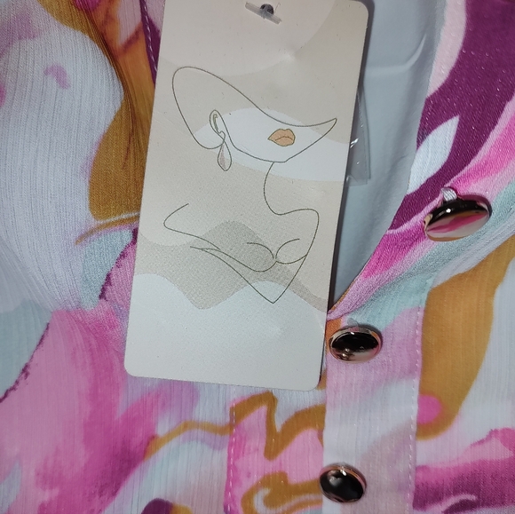 Women's Watercolor Chiffon Multicolor V-neck Lantern Sleeve Fully Lined Blouse - Picture 3 of 7